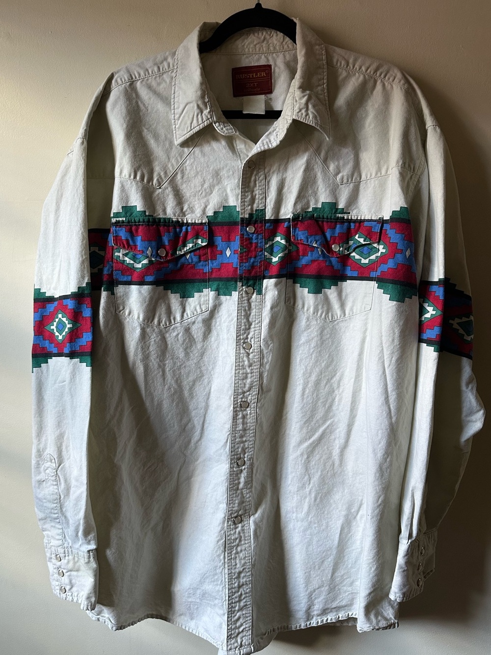 Vintage Rustler Wrangler Aztec Print Pearl Snap 2XLT